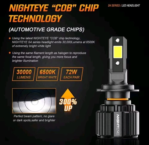 NIGHTEYE 2X H7 LED Headlight Bulbs Kit 72W 30000LM Hi-Lo Beam 6500K Super Bright - Picture 4 of 4