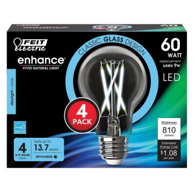 Feit Electric A1960CL950CA/FIL/4 Filament LED Light Bulb, A19 Lamp, 60 W Equival