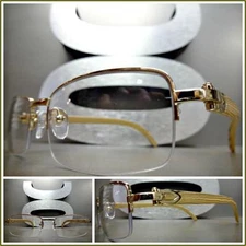 Mens CLASSY Style Clear Lens EYE GLASSES Gold & Wood Wooden Effect Fashion Frame