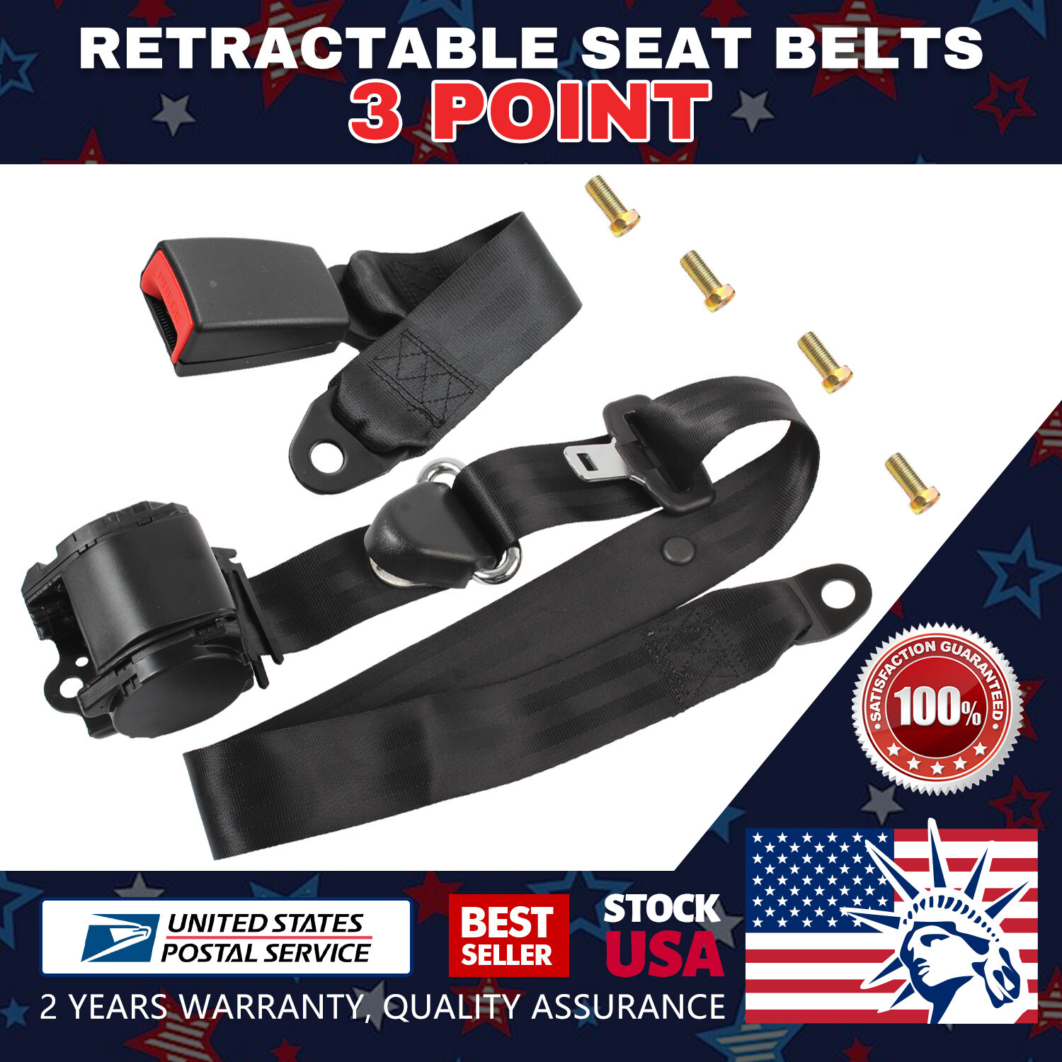 Retractable 3 Point Safety Seat Belt Straps Car Auto Vehicle Adjustable Belt Kit