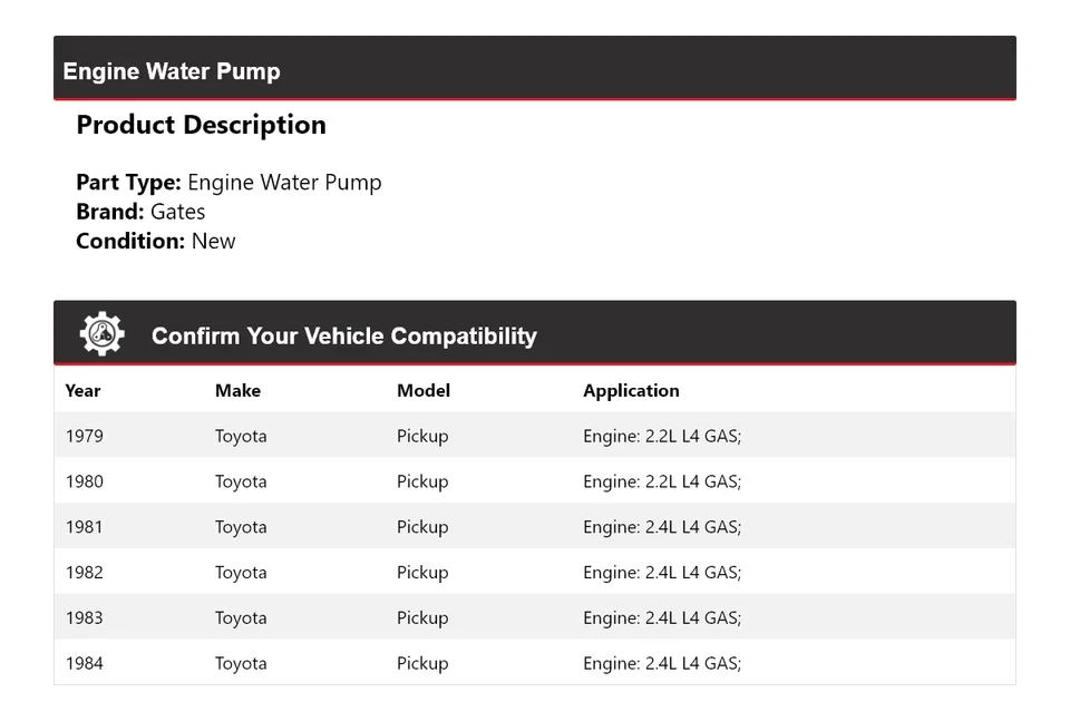 Puertas de bomba de agua para motor camioneta Toyota 1979-1984 1980 1981 1982 1983 Foto 2 de 4