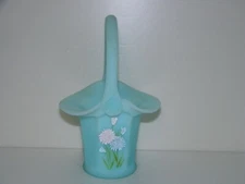 Fenton Basket Trumpet Vase Frosted Asters on Blue Satin Flowers Pink Sparkle