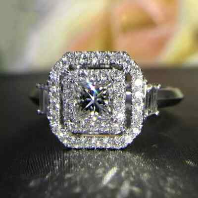 1.89Ctw 6.5mm Princess Cut Moissanite Halo Engagement Ring 14K White Gold Plated