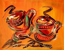 COFFEE CUPS IMPASTO  IMPRESSIONIST M. KAZAV ORIGINAL OIL  PAINTING - signed dwd