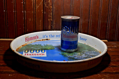 1962 TO 1967 HAMM'S BEER LOT OF 2 PAINTED METAL SERVING TRAY EMPTY BEER CAN SIGN