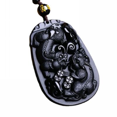 Natural black obsidian couple PIXIU tianlu necklace pendant bead with chain