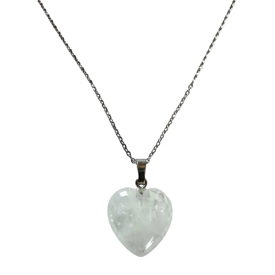 Collana argento in acciaio Inox ciondolo Cuore Pietre vere Quarzo Ialino - Immagine 2 di 4