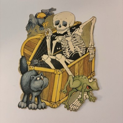 Vintage Colvin Skeleton Black Cat Frog Crow Spider In A Trunk Halloween Die Cut