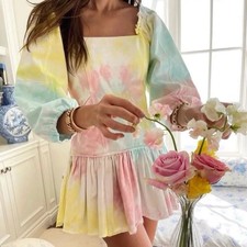 Loveshackfancy Chai Mini Dress denim drop waist square neck tie dye SZ 0 pocket