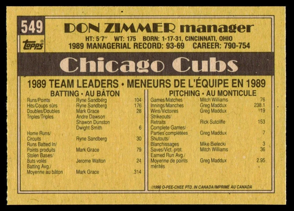 1990 O-Pee-Chee by Topps Don Zimmer Chicago Cubs #549 - Image 2 of 2