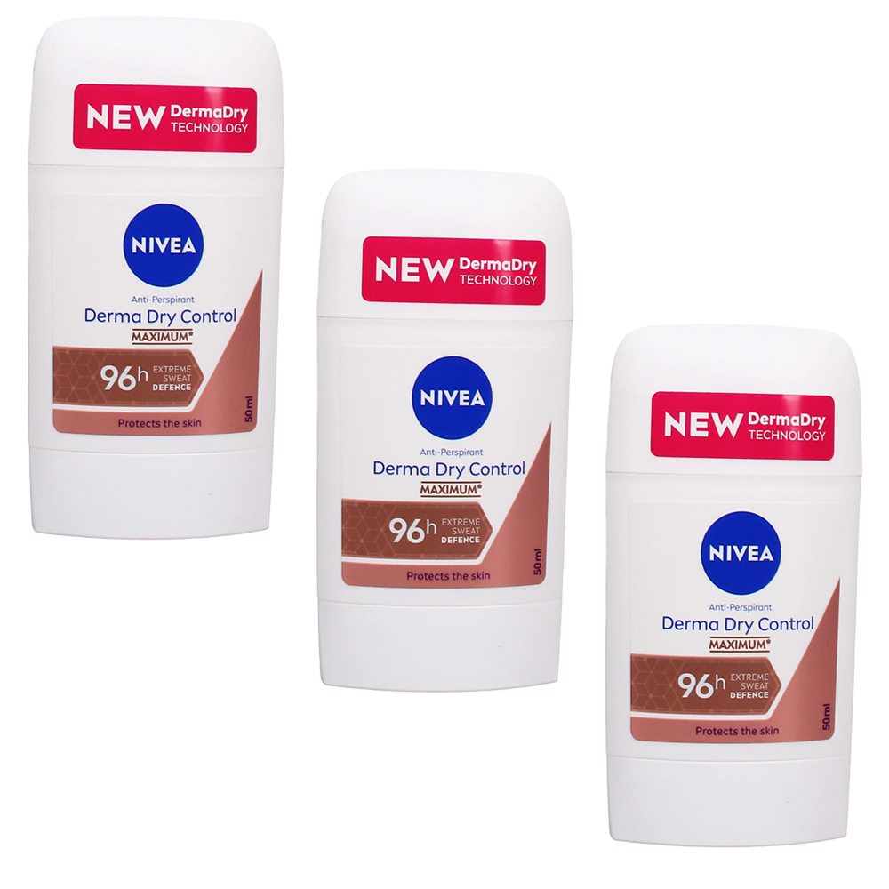 NIVEA Derma Dry Control Antiperspirant 96h Deodorant Roll-On 50ml - 3 PACK
