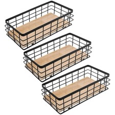 Metal Wire Storage Baskets 3pc with Decorative Wood Base – 25x10x7cm