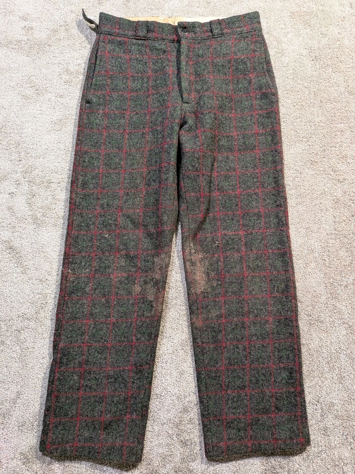 Vintage Johnson Woolen Mills Felted Wool Windowpane Plaid Pants Mens Size 33x30