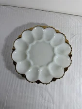 Vintage ANCHOR HOCKING White Milk Glass w/Gold Trim Deviled Egg Platter