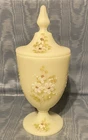 Vintage Rare Fenton Yellow Custard Satin Glass Hand Painted  Vase w/Lid USA