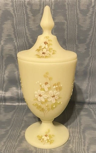 Vintage Rare Fenton Yellow Custard Satin Glass Hand Painted  Vase w/Lid USA