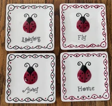 MWW Market Ceramic  Plate Set Of 4 | “Ladybug Fly Away Home” W/ original stands