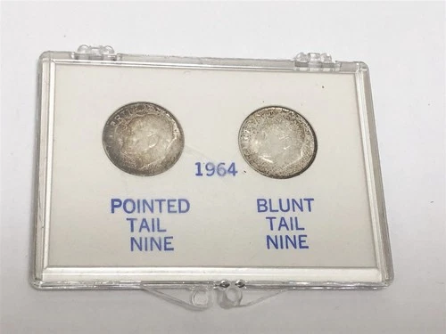 1964 POINTED TAIL AND BLUNT TAIL ROOSEVELT SILVER DIMES IN DISPLAY CASE