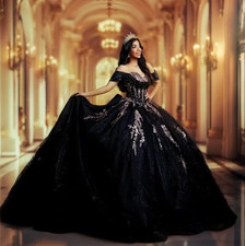 Black Shiny Quinceanera Dresses Ball Gown Off Shoulder Appliques Lace Beads Bow