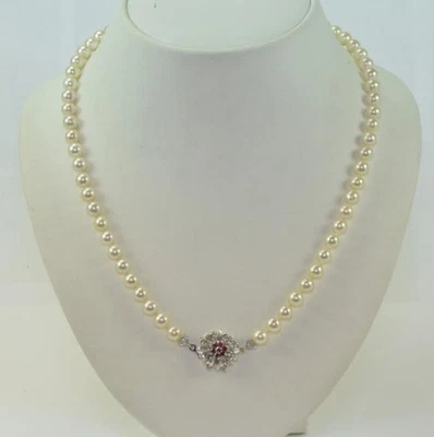 Perlen Collier mit Schließe in aus 14 Kt. 585 er Gold mit Rubinen Länge 55 cm - Bild 1 von 4