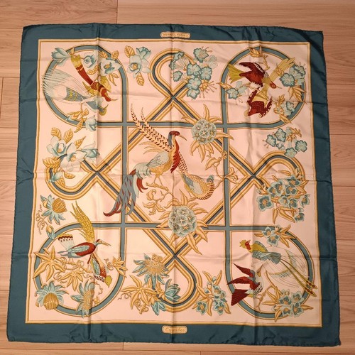 Hermes Carre 90 Caraibes Silk Scarf Bird Print Blue Excellent