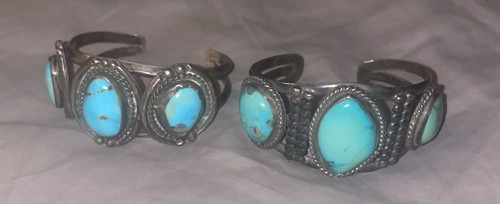 Matched pair of vintage Southwestern/Navajo-style turquoise cluster cuffs.