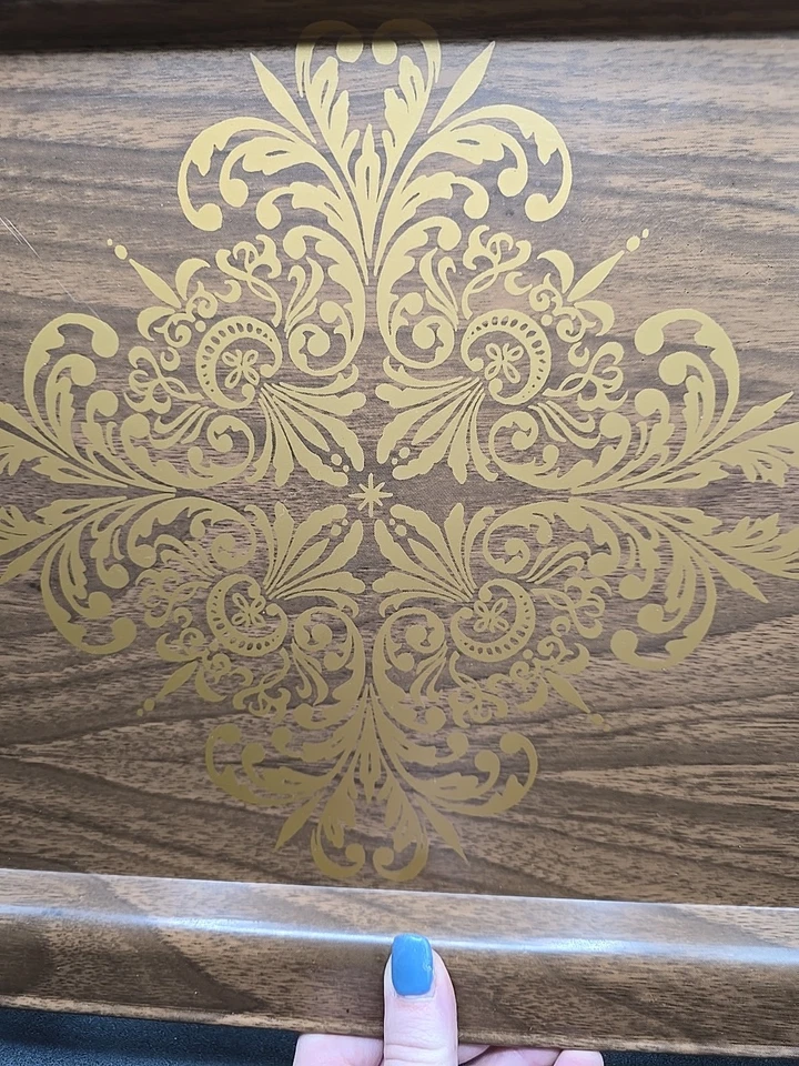 2 Vintage Retro TV Tray Folding Legs Lap Tray Brown Gold Flour De Lis 1970s MCM - Image 3 of 4