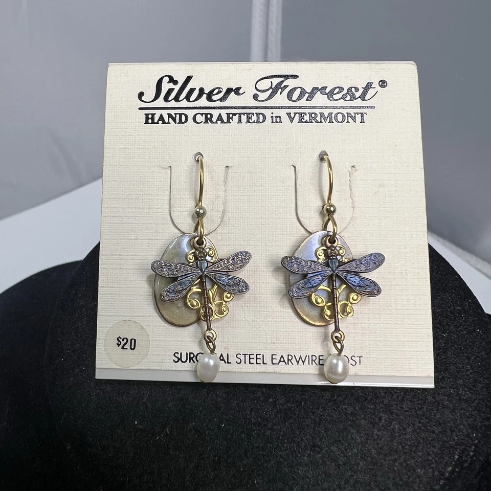 New Silver Forest Handcrafted Jewelry Dragonfly with Pearl Dangle Earrings - Image 2 of 3