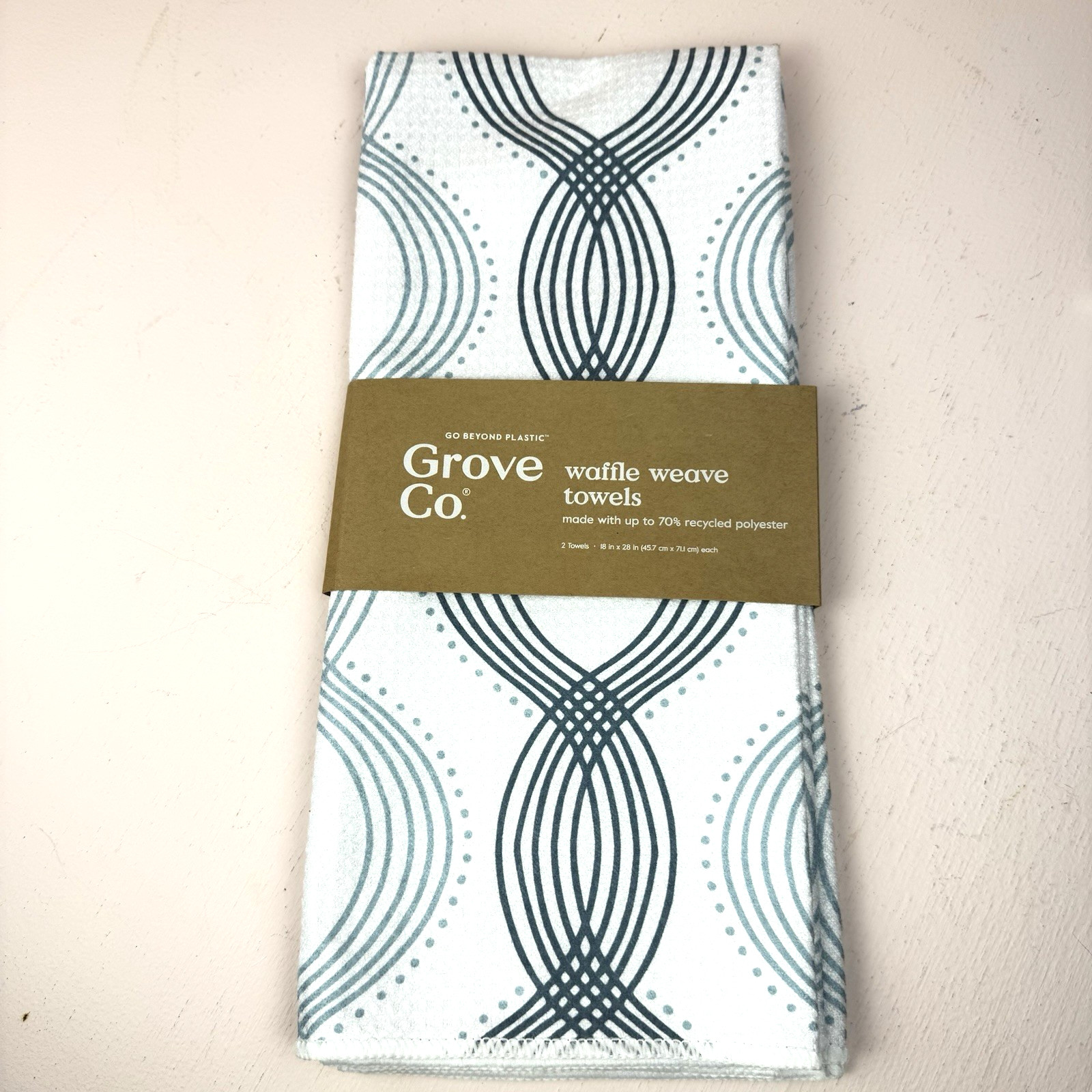Grove Co. Waffle Weave Kitchen Towels Set of 2 Teal Blue Wavy Lines NEW