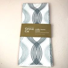 Grove Co. Waffle Weave Kitchen Towels Set of 2 Teal Blue Wavy Lines NEW