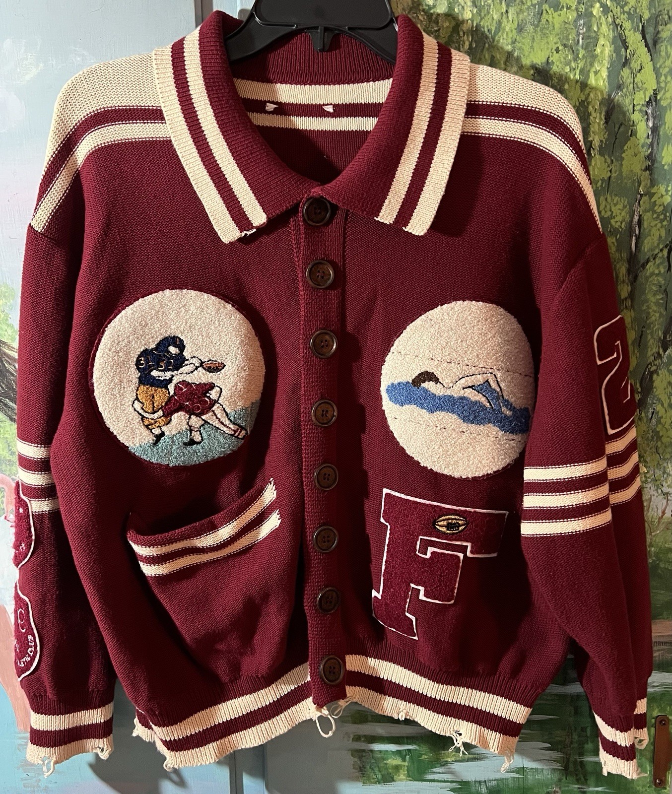 Found Fin Varsity Patch Collared Cardigan Sweater… - image 1