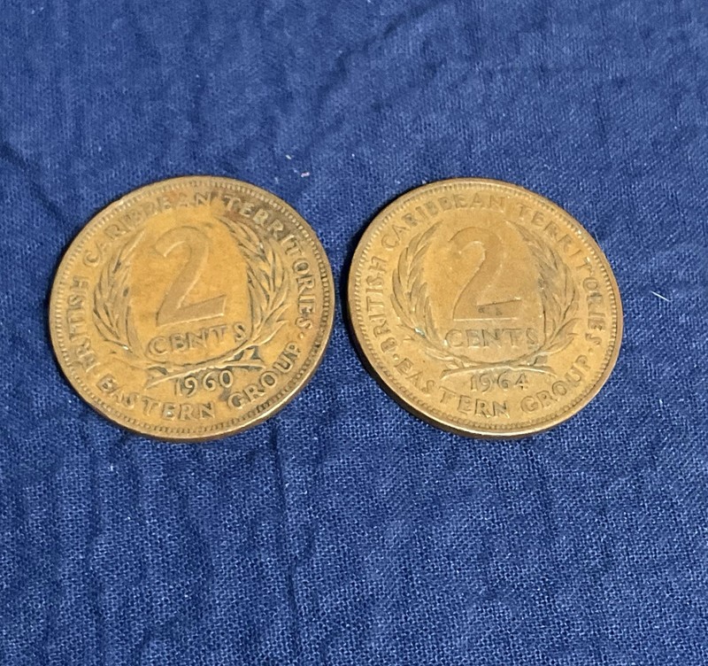 1960 And 1964 British Caribbean Territories Eastern Group 2 Cent Coins Bronze!