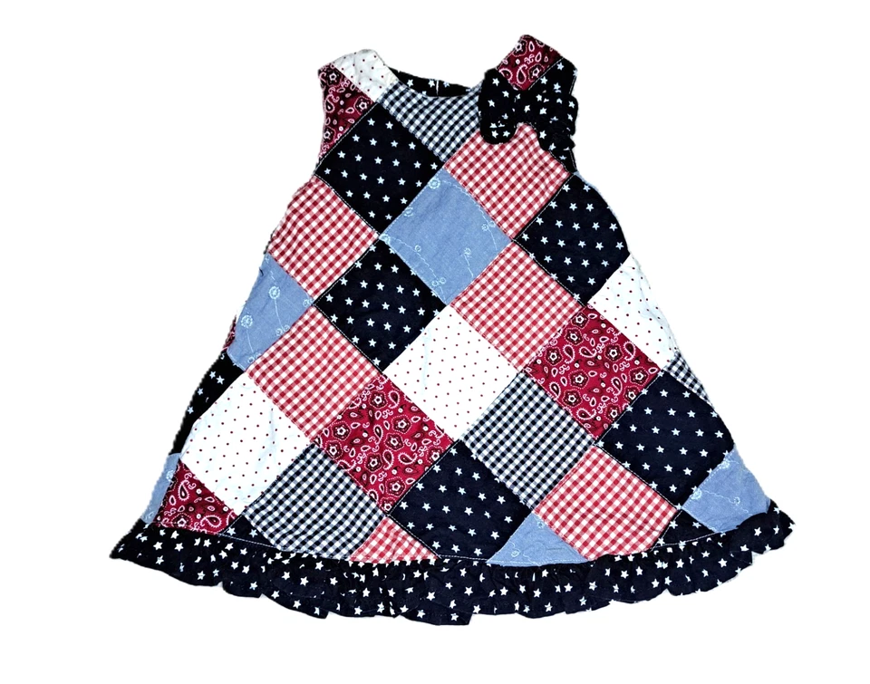 Niñas AUTÉNTICO NIÑOS Vestido Patriótico Patchwork 0 3 Meses Bandana 4 Julio Rojo Foto 2 de 4
