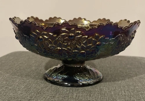 Amethyst Carnival Glass Floral Fenton Candlestick Candle Holder 4" Tall 8" Diam.