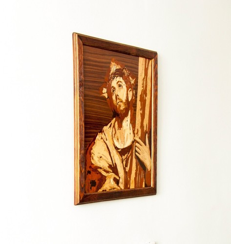 Jesus Christ El Greco style Wood marquetry Cristian Baptism inlay wall picture - Picture 3 of 12