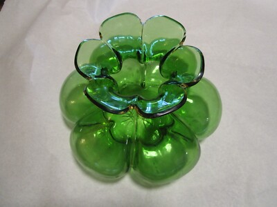 Antique Art Glass Green Melon shape bulbous Vase pinched ruffled top 9.5  wide