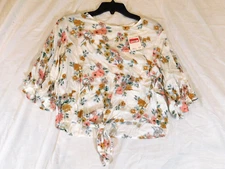 NWT Elodie Women's Cropped Tie Front Floral Blouse  L  Off White Multi 