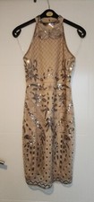 PARISIAN BEIGE NUDE SILVER SEQUIN HIGH NECK SHORT FITTED EVENING PENCIL DRESS 6