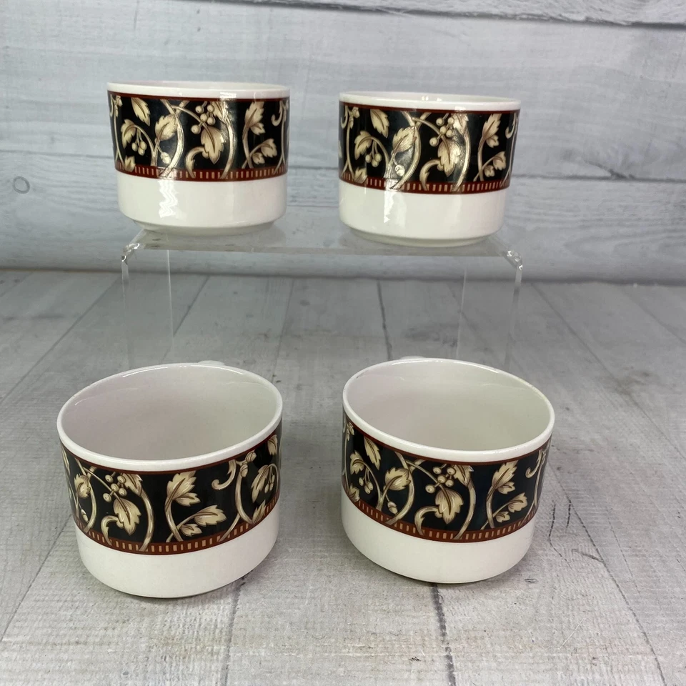 90's Sango SAVOY 8802 Royal Majestic Black Tan Stoneware 8 oz Flat Cups Set of 4 - Image 4 of 4