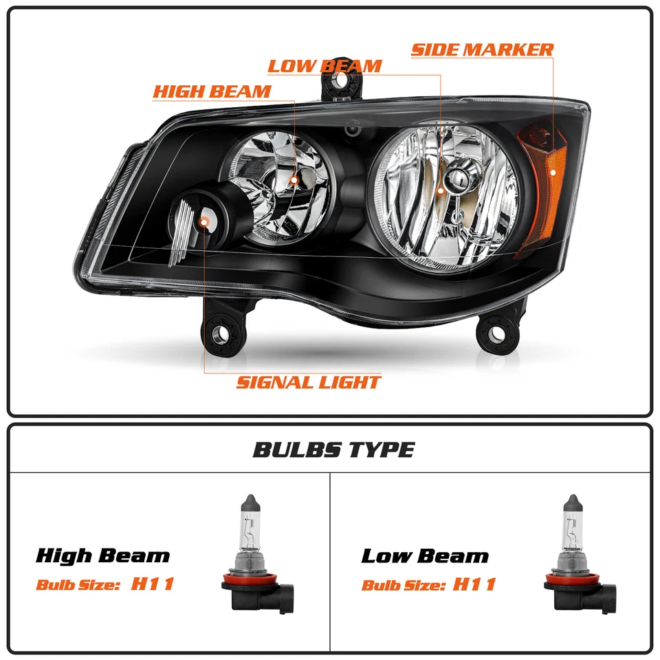 Par de faros negros para Dodge Grand Caravan 11-20 08-16 Chrysler Town&Country Foto 2 de 4