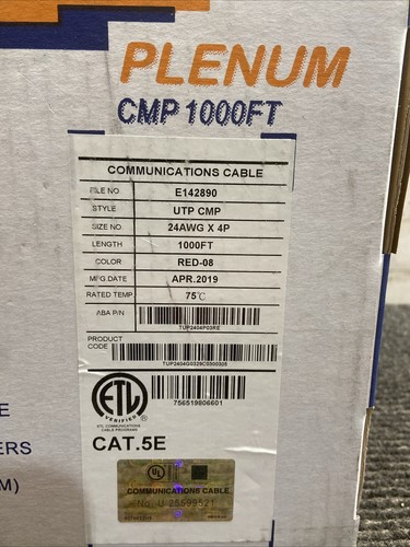 ABA Elite CAT5E Plenum Communications Cable CMP 1000ft Red TUP2404P03RE - 第 6/6 張圖片