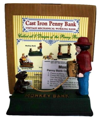 Monkey Mechanical Cast Iron Bank by Monogram Organ Grinder Chimpanzee Vintage