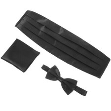 1 Set Mens Cummerbund Set Satin Bow Tie Hanky Formal Party Black