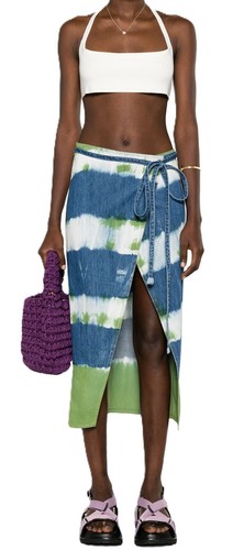 ALANUI Magic Journey Womens Skirt L Cotton Blue Green Tye-Dyed Wrap RRP€580 - Picture 2 of 10