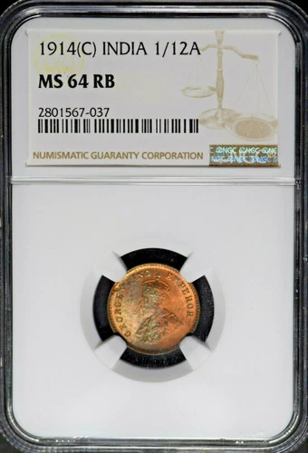 India British 1914(C) 1/12 Anna NGC MS64RB Certified