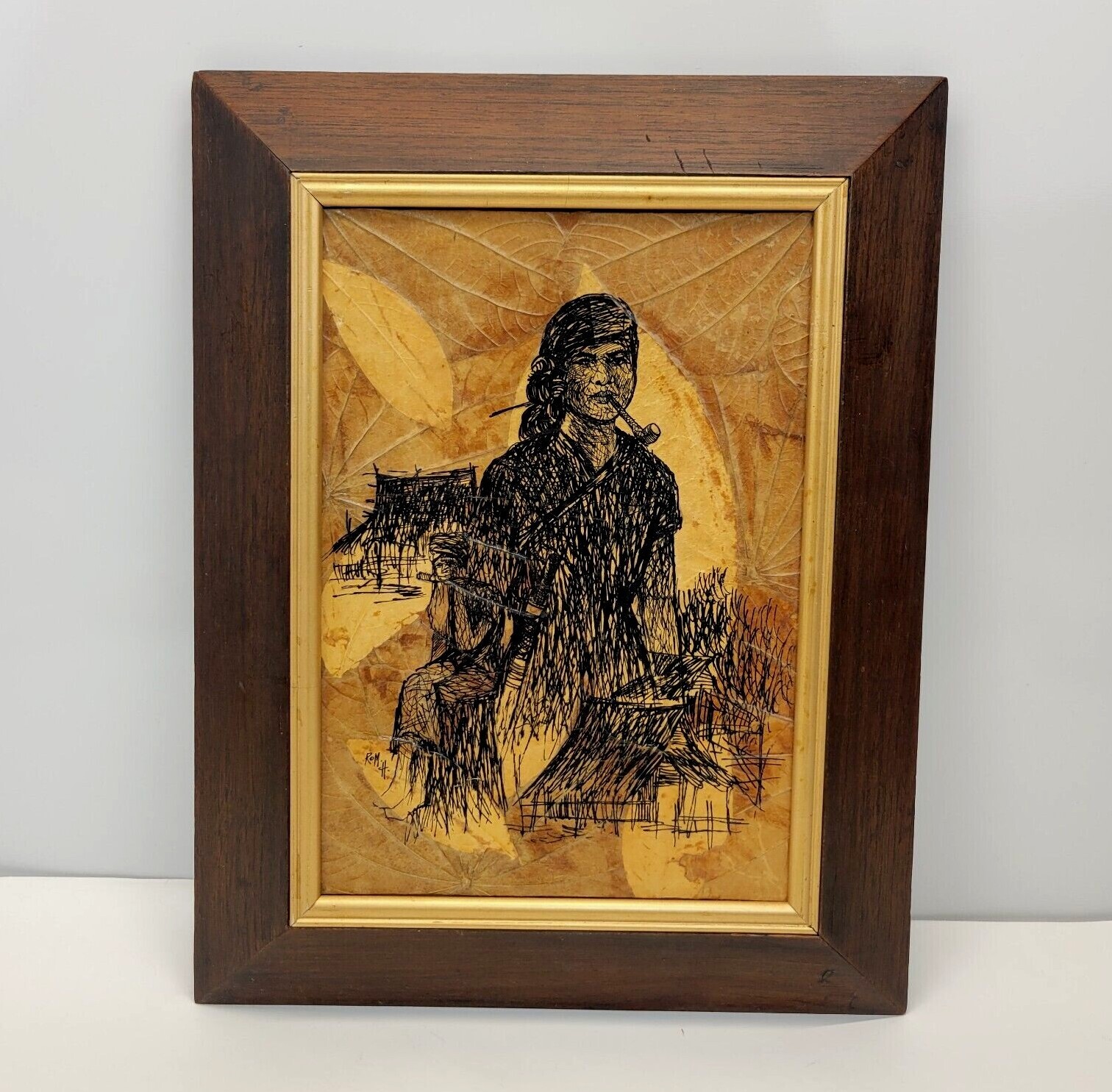 Pen & Ink Drawing on Peepal Leaf Thailand Tribes Mixed Media Art Signed Rom Vtg