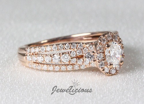 Natural Round and Oval Diamonds Split Shank Halo Engagement Ring 14K Rose Gold - Picture 6 of 8