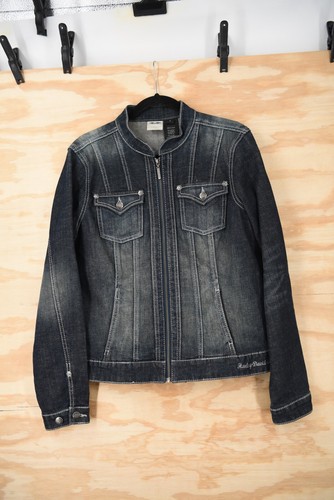 Vintage HARLEY-DAVIDSON Y2K Rhinestone Studded Embroidered Zip Denim Jacket Sz L - Picture 2 of 21