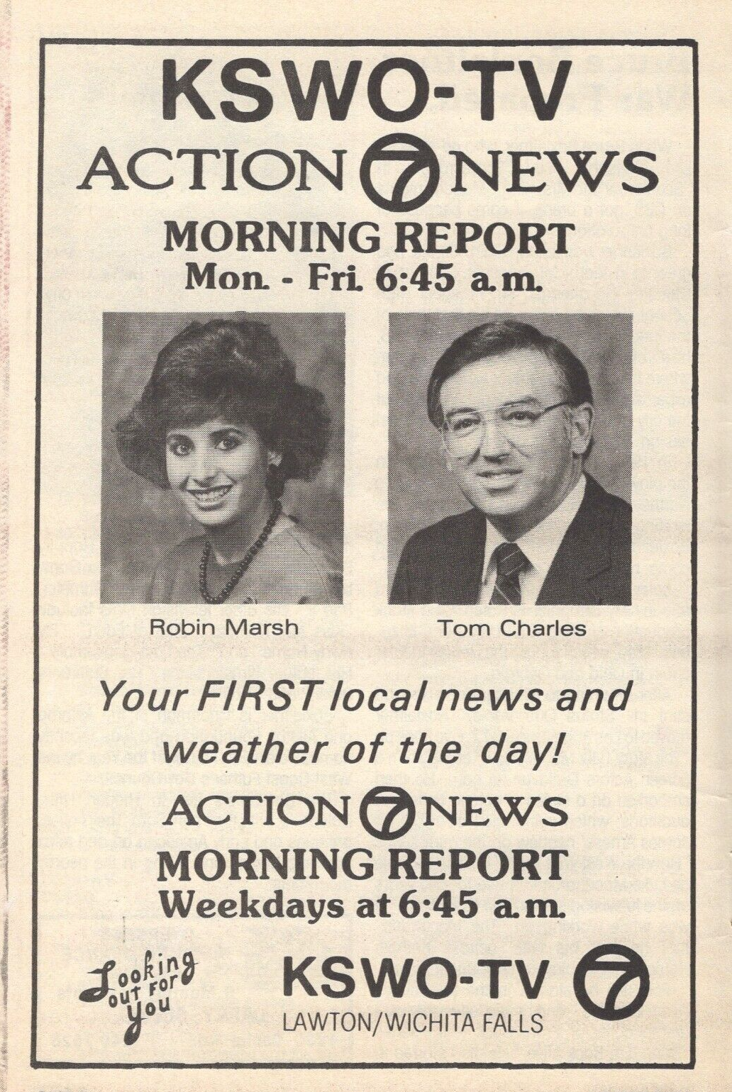 1986 KSWO OKLAHOMA TV NEWS AD ~ TOM CHARLES & ROBIN MARSH REPORTERS ...