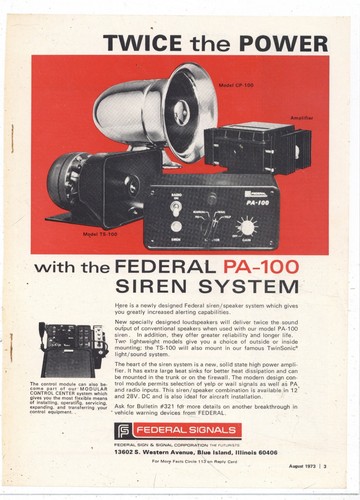1973 Federal Sign & Signal of Chicago Ad: PA-100 Siren System for Emergency Svcs